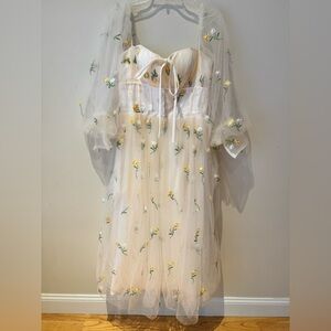 Sheer Embroidered Ivory Prom Dress with Yellow Floral Details